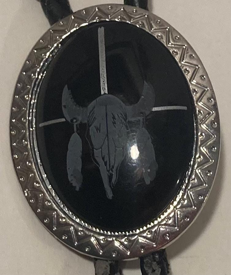 Vintage Metal Bolo Tie, Nice Silver with Black Stone Design, Skull Bull, Cow, Feathers, Nice Design, 2" x 1 1/2", Quality, Heavy Duty