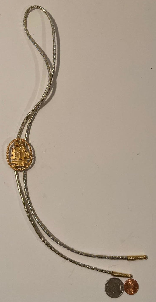 Vintage Metal Bolo Tie, Nice Brass Ship, Boat, Sailboat, Diamond Cut Filigree, Nice Design, 1 3/4" x 1 1/4", Quality, Heavy Duty