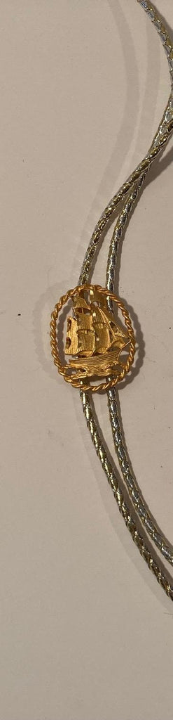 Vintage Metal Bolo Tie, Nice Brass Ship, Boat, Sailboat, Diamond Cut Filigree, Nice Design, 1 3/4" x 1 1/4", Quality, Heavy Duty