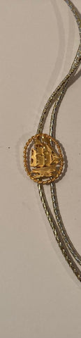 Vintage Metal Bolo Tie, Nice Brass Ship, Boat, Sailboat, Diamond Cut Filigree, Nice Design, 1 3/4" x 1 1/4", Quality, Heavy Duty