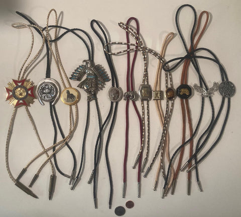 Vintage Lot of  12 Metal Bolo Ties, Horseshoe, Horse, Letter K, Eagle, More, Nice Designs, Quality, Heavy Duty