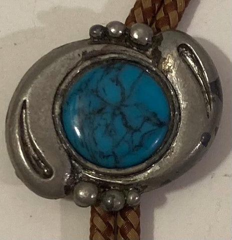 Vintage Metal Bolo Tie, Nice Blue Turquoise Stone Design, Brown Cord, Nice Design, 1 1/2" x 1", Nice Design, Quality, Heavy Duty