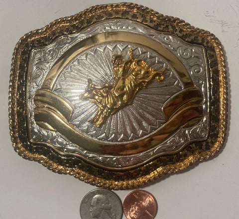 Vintage Metal Belt Buckle, Silver and Brass, Big Size, Bull Riding, Rodeo, Nice Design, 4 3/4" x 4", Heavy Duty, Quality, Thick Metal