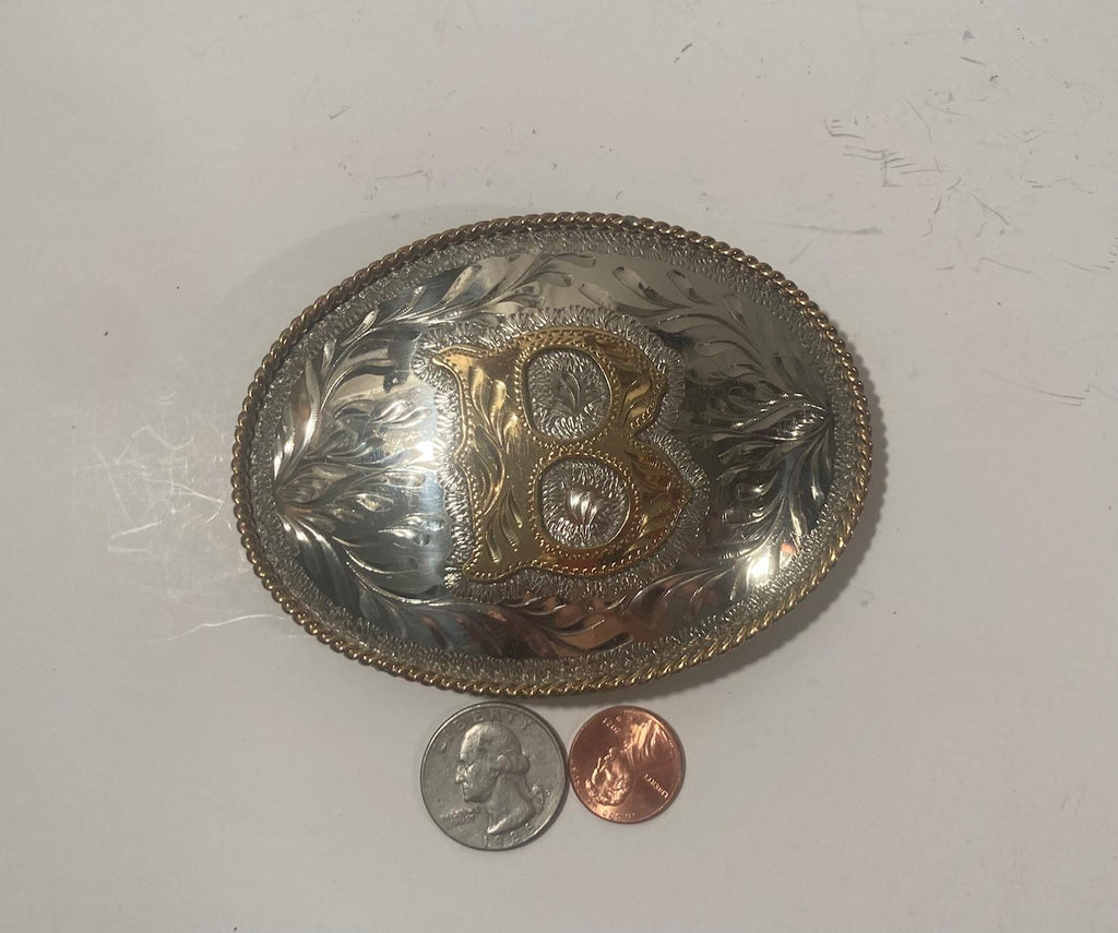 Vintage Metal Belt Buckle, Silver and Brass, Initial B, Letter B, Silv ...