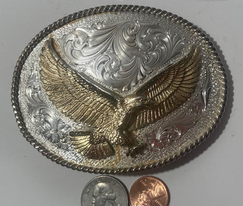 Vintage Metal Belt Buckle, Silver and Brass, Montana Silversmiths, American Bald Eagle, Big Size, Nice Design, 4" x 3", Heavy Duty, Quality