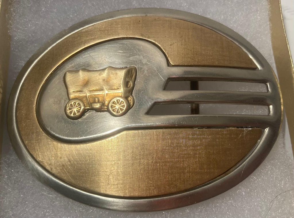 Vintage Metal Belt Buckle, Silver and Brass, Covered Wagon, Chuck Wagon, Nice Design, 3 1/2" x 2 1/2", Heavy Duty, Quality, Thick Metal