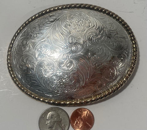 Vintage Metal Belt Buckle, Silver and Brass, Big Size, Sunflowers, Nice Design, 4" x 3", Heavy Duty, Quality, Thick Metal