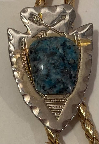 Vintage Metal Bolo Tie, Nice Silver Arrowhead with 3 Nice Blue Stones Design, Nice Design, 1 3/4" x 1 1/4", Quality, Heavy Duty