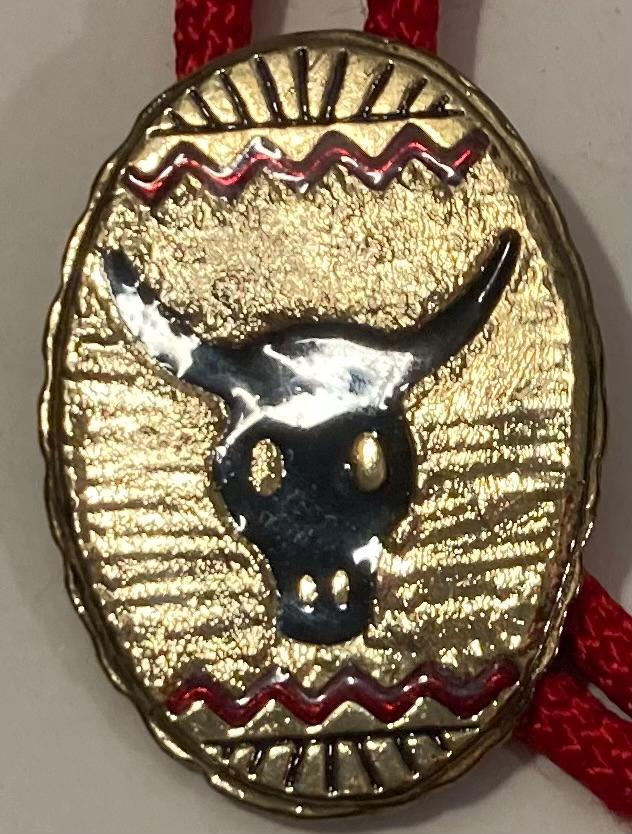 Vintage Metal Bolo Tie, Nice Brass and Black Enamel Cow, Bull, Steer, Livestock, Nice Design, 2" x 1 1/2", Quality, Heavy Duty