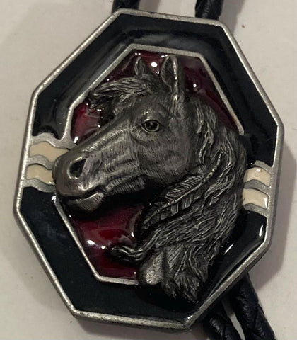 Vintage 1993 Metal Bolo Tie, Nice Horse with Nice Red Enamel Design, Nice Design, 2 1/4" x 2", Quality, Heavy Duty, Made in USA