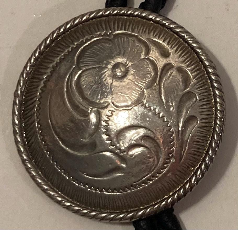 Vintage Metal Bolo Tie, Nice Silver Round Design, Nice Design, 1 1/2" x 1 1/2", Quality, Heavy Duty, Made in USA, Country & Western, Cowboy