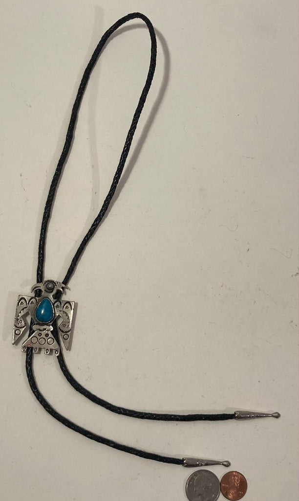 Vintage Metal Bolo Tie, Nice Silver Blue Turquoise Stone Design, Thunderbird, Native, Nice Design, 2" x 1 1/2", Quality, Heavy Duty