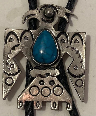 Vintage Metal Bolo Tie, Nice Silver Blue Turquoise Stone Design, Thunderbird, Native, Nice Design, 2" x 1 1/2", Quality, Heavy Duty