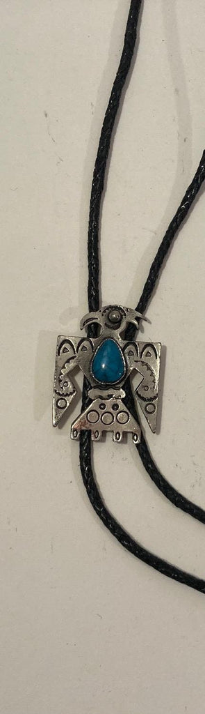 Vintage Metal Bolo Tie, Nice Silver Blue Turquoise Stone Design, Thunderbird, Native, Nice Design, 2" x 1 1/2", Quality, Heavy Duty