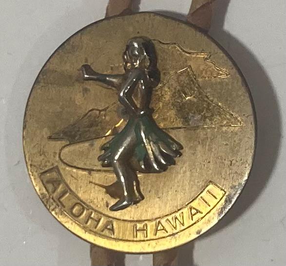 Vintage Metal Bolo Tie, Brass, Aloha Hawaii, Hula Dancer, Grass Skirt, 1 1/2" x 1 1/2", Nice Design, Quality, Heavy Duty