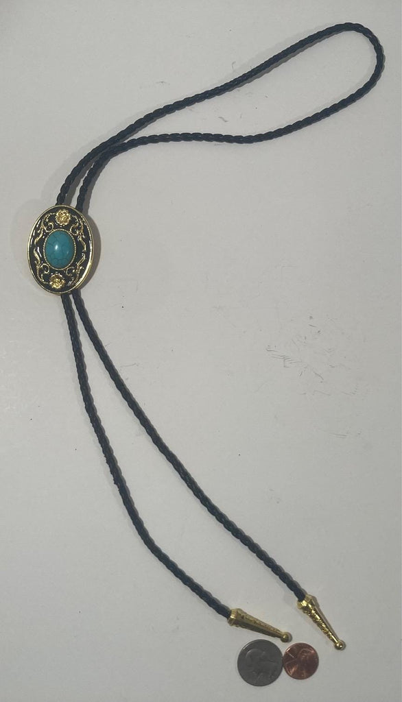 Vintage Metal Bolo Tie, Brass, Nice Blue Turquoise Stone Design, 2" x 1 1/2", Nice Design, Quality, Heavy Duty, Made in USA