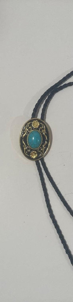 Vintage Metal Bolo Tie, Brass, Nice Blue Turquoise Stone Design, 2" x 1 1/2", Nice Design, Quality, Heavy Duty, Made in USA