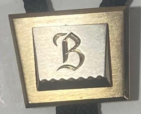 Vintage Metal Bolo Tie, Nice Silver and Brass, Hickok, Letter B, Initial B Design, 1 1/4" x 1", Nice Design, Quality, Heavy Duty