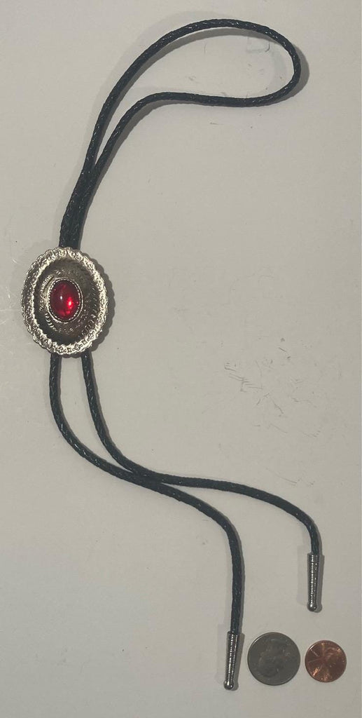 Vintage Metal Bolo Tie, Nice Red Stone Design, Nice Design, 2" x 1 3/4", Quality, Heavy Duty, Made in USA, Country & Western, Cowboy