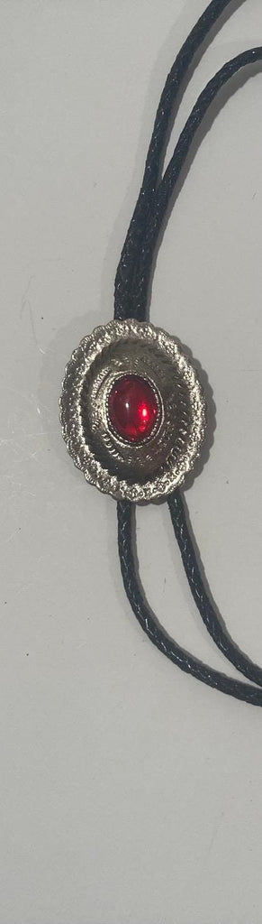 Vintage Metal Bolo Tie, Nice Red Stone Design, Nice Design, 2" x 1 3/4", Quality, Heavy Duty, Made in USA, Country & Western, Cowboy