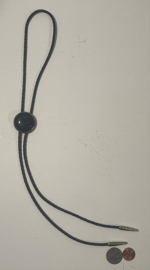 Vintage Metal Bolo Tie, Nice Silver and Black Onyx Round Stone Design, Nice Design, 1 1/4" x 1 1/4", Quality, Heavy Duty