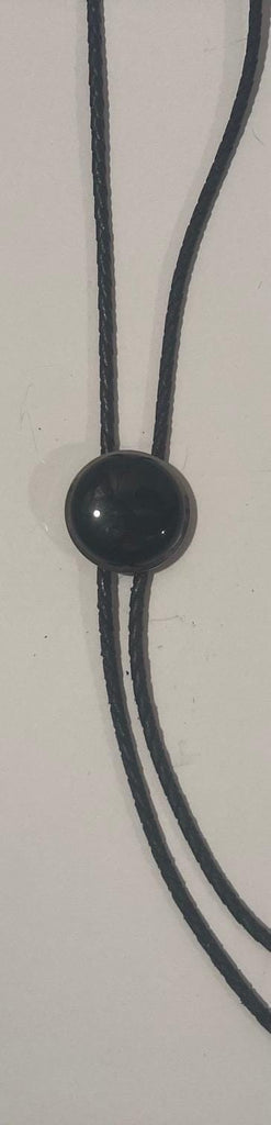 Vintage Metal Bolo Tie, Nice Silver and Black Onyx Round Stone Design, Nice Design, 1 1/4" x 1 1/4", Quality, Heavy Duty