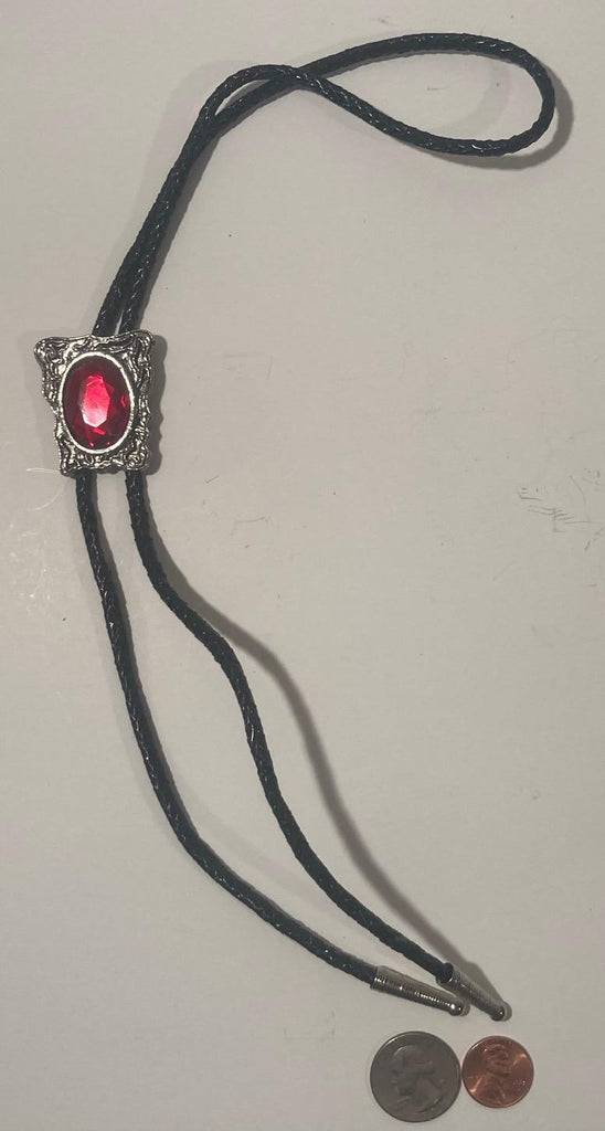 Vintage Metal Bolo Tie, Nice Silver Red Oval Stone Design, Nice Design, 1 1/2" x 1 1/4", Quality, Heavy Duty, Made in USA, Country