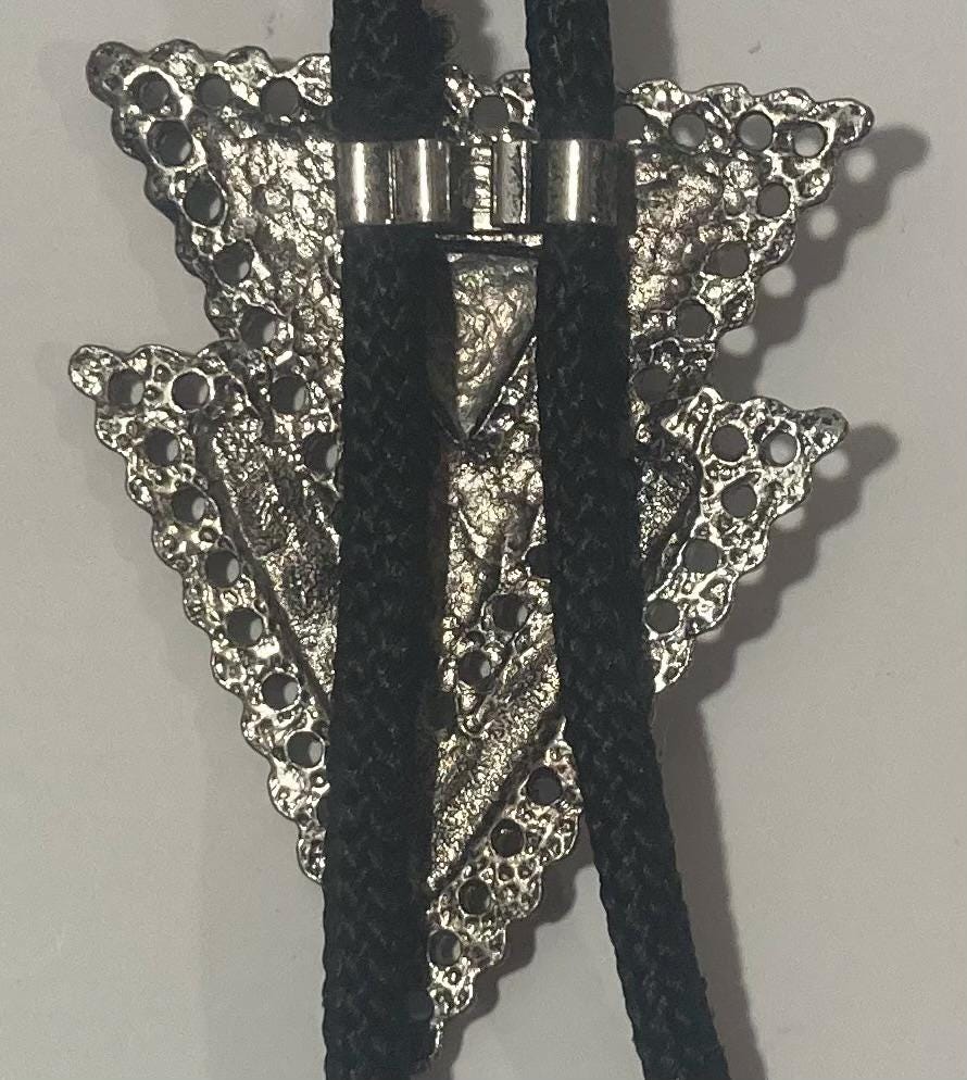 Vintage Metal Bolo Tie, Nice Silver Double Triangle with Nice Brown Stone Design, Nice Design, 2 1/4" x 1 3/4", Quality, Heavy Duty