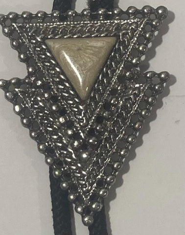 Vintage Metal Bolo Tie, Nice Silver Double Triangle with Nice Brown Stone Design, Nice Design, 2 1/4" x 1 3/4", Quality, Heavy Duty