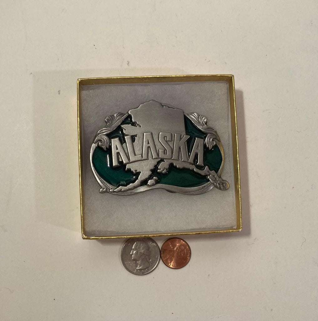 Vintage 1984 Metal Belt Buckle, Alaska, Nice Green Enamel, Nice Design, 3 1/4" x 2", Heavy Duty, Made in USA, Quality, Thick Metal