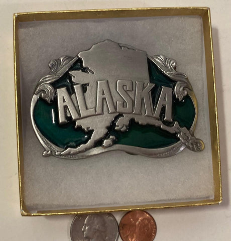 Vintage 1984 Metal Belt Buckle, Alaska, Nice Green Enamel, Nice Design, 3 1/4" x 2", Heavy Duty, Made in USA, Quality, Thick Metal