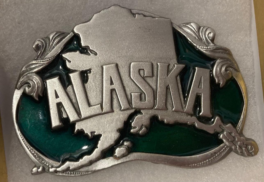 Vintage 1984 Metal Belt Buckle, Alaska, Nice Green Enamel, Nice Design, 3 1/4" x 2", Heavy Duty, Made in USA, Quality, Thick Metal