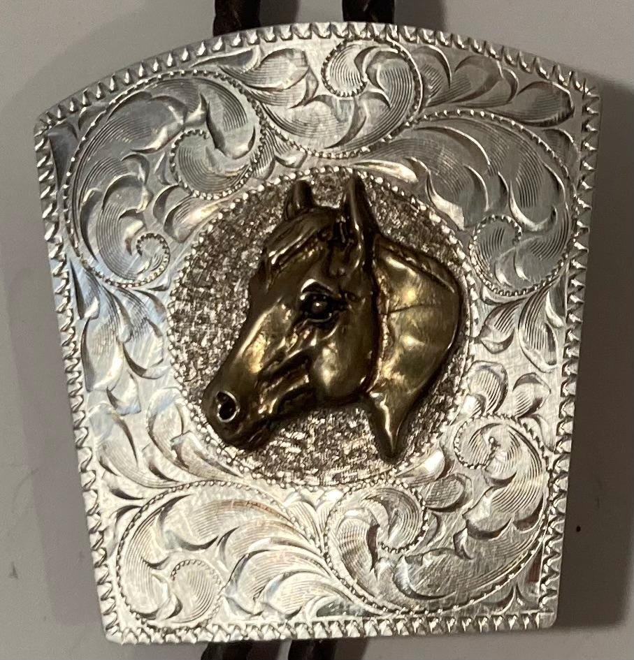 Vintage Metal Bolo Tie, Nice Silver and Horse Design, Nice Design, 2" x 1 3/4", Quality, Heavy Duty, Made in USA, Country & Western, Cowboy