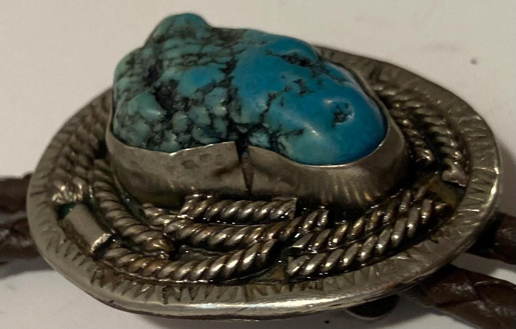 Vintage Metal Bolo Tie, Nice Silver and Blue Turquoise Stone Design, Nice Design, 1 3/4" x 1 1/2", Quality, Heavy Duty