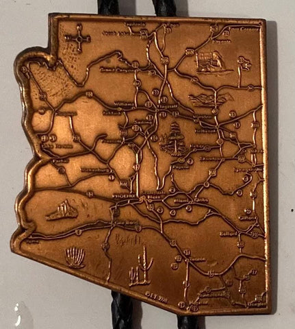 Vintage Metal Bolo Tie, Nice Copper Map of Arizona, Phoenix, Flagstaff, Grand Canyon, More, Nice Design, 2 1/4" x 2", Quality, Heavy Duty