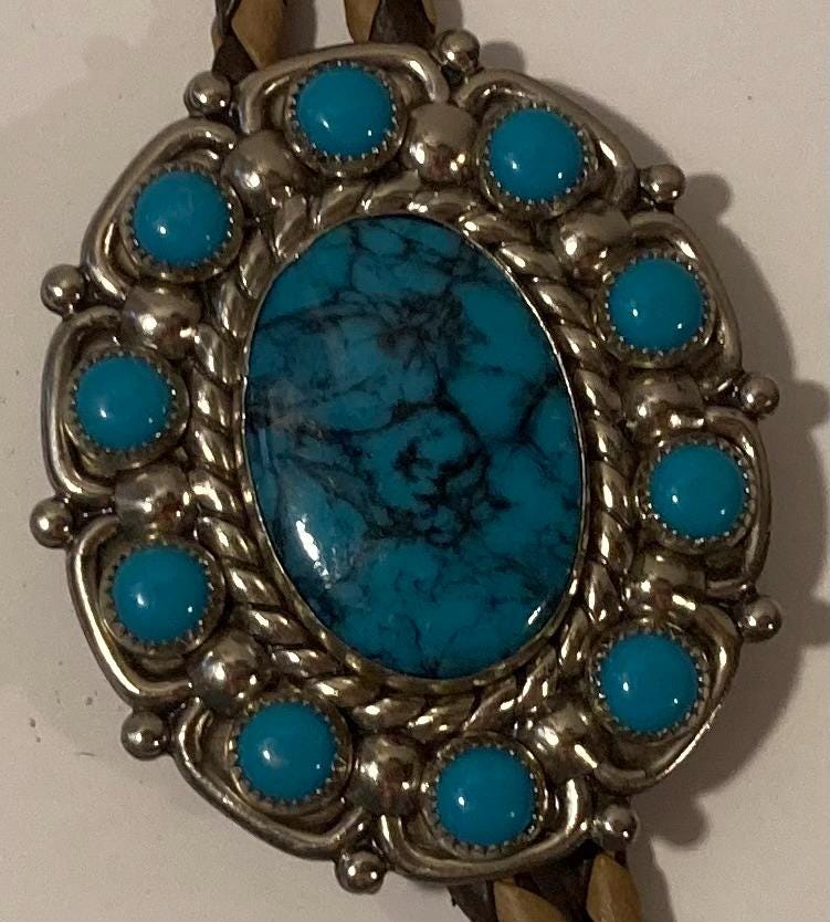 Vintage Metal Bolo Tie, Nice Silver and Blue Turquoise Center Stone Design, Nice Design, 1 3/4" x 1 1/2", Quality, Heavy Duty