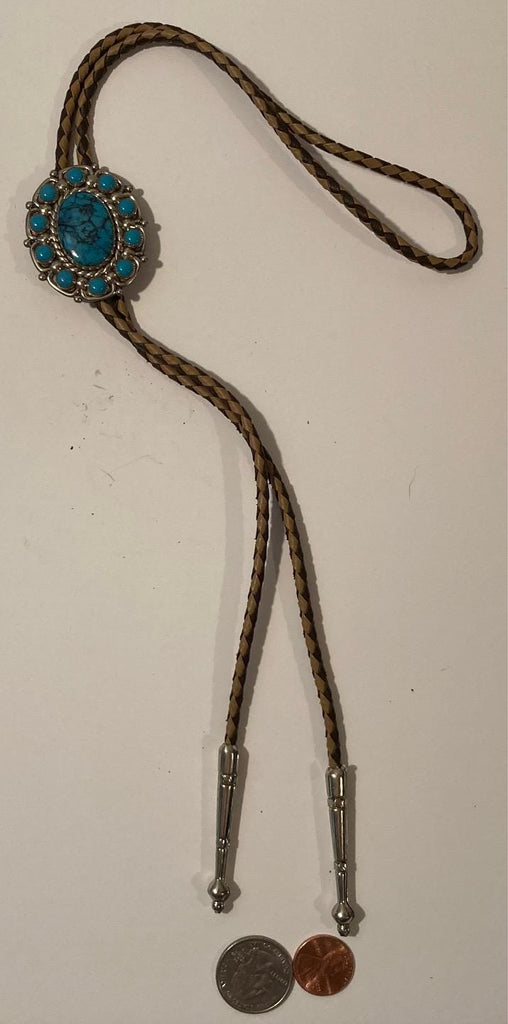 Vintage Metal Bolo Tie, Nice Silver and Blue Turquoise Center Stone Design, Nice Design, 1 3/4" x 1 1/2", Quality, Heavy Duty