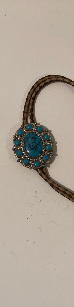 Vintage Metal Bolo Tie, Nice Silver and Blue Turquoise Center Stone Design, Nice Design, 1 3/4" x 1 1/2", Quality, Heavy Duty