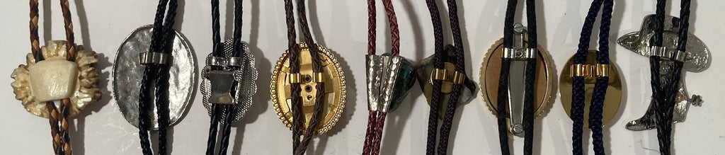 Vintage Lot of 9 Metal Bolo Ties, Nice Different Designs, Buck Deer, Turquoise, Cowboy Hat and Boot, More, Heavy Duty