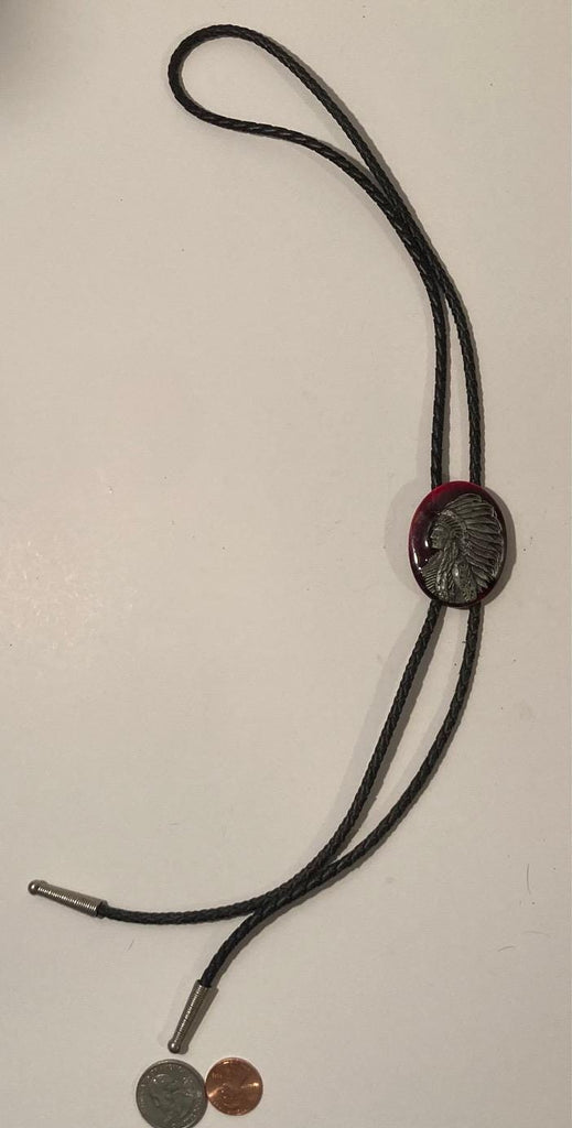 Vintage 1987 Metal Bolo Tie, Nice Native Man Design, Red and Gray, Nice Design, 1 3/4" x 1 1/2", Quality, Heavy Duty, Made in USA