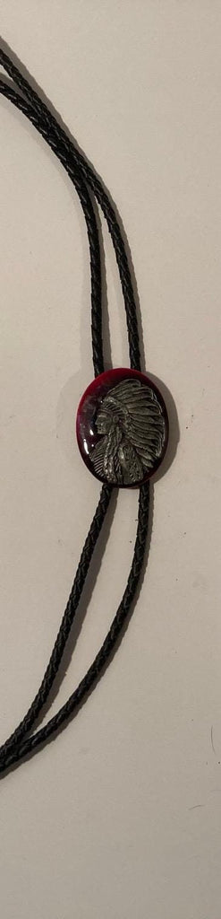 Vintage 1987 Metal Bolo Tie, Nice Native Man Design, Red and Gray, Nice Design, 1 3/4" x 1 1/2", Quality, Heavy Duty, Made in USA