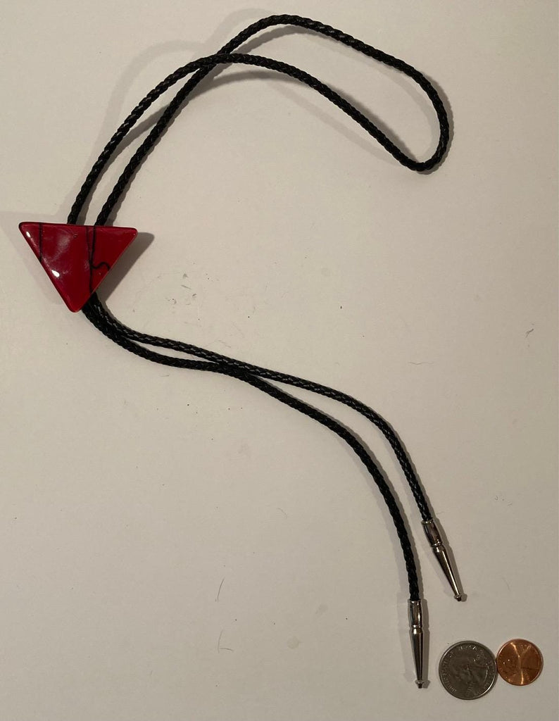 Vintage Metal Bolo Tie, Nice Red Shiny Triangle Design, Nice Design, 2" x 1 1/4", Quality, Heavy Duty, Made in USA, Country & Western