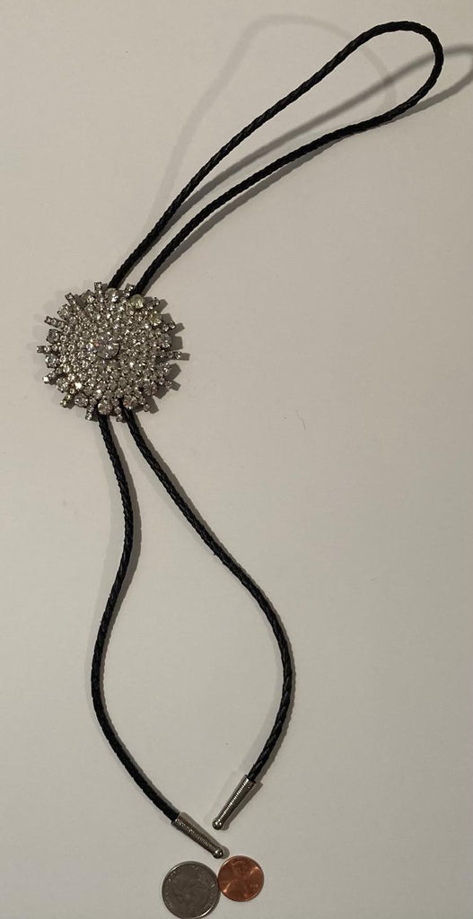 Vintage Metal Bolo Tie, Nice Silver with Tons of Sparkly Stones Design, Nice Design, 2 1/2" x 2 1/2", Quality, Heavy Duty