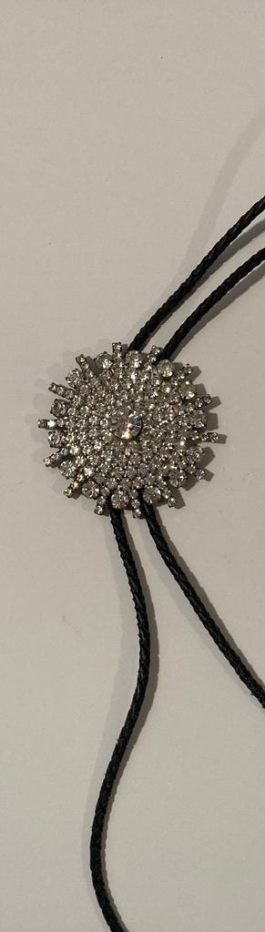 Vintage Metal Bolo Tie, Nice Silver with Tons of Sparkly Stones Design, Nice Design, 2 1/2" x 2 1/2", Quality, Heavy Duty