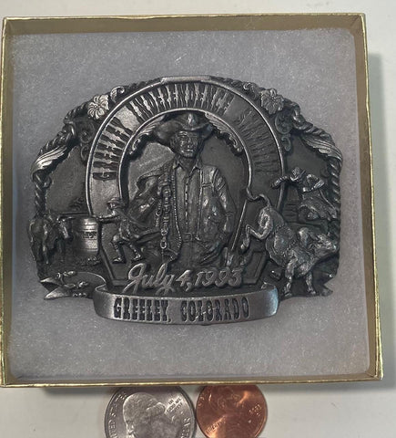 Vintage 1993 Metal Belt Buckle, Greeley Independence Stampede, Colorado, 3" x 2 1/2", World's Largest 4th of July Rodeo, Nice Design