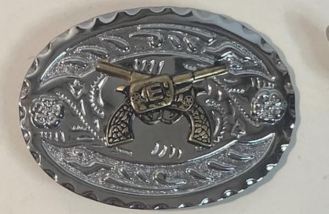 Vintage Metal Belt Buckle, Double Crossed Gun, Heavy Duty, Quality, Made in USA, For Belts, Fashion, Shelf Display,