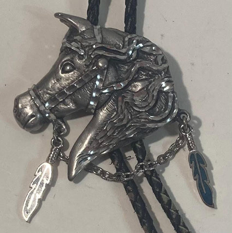 Vintage Metal Bolo Tie, Nice Diamond Cut Filigree Horse Design, Crushed Turquoise Stone Feathers, Nice Western Design