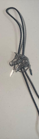 Vintage Metal Bolo Tie, Nice Diamond Cut Filigree Horse Design, Crushed Turquoise Stone Feathers, Nice Western Design