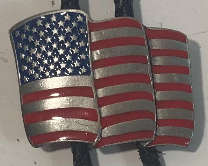 Vintage 1991 Metal Bolo Tie, Nice American Flag, Red White and Blue, Nice Western Design, 1 1/2" x 1 1/4", Quality, Heavy Duty