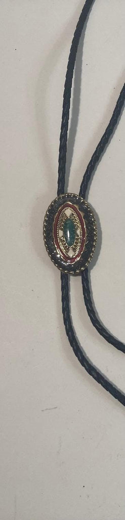 Vintage Metal Bolo Tie, Nice Brass with Turquoise Stone Design, Enamel, Nice Western Design, 2" x 1 1/4", Quality, Heavy Duty